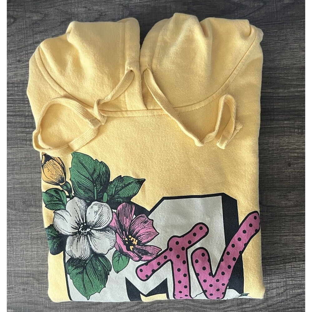 MTV Music Television Floral Graphic Hoodie Yellow Long Sleeve Sweatshirt Medium